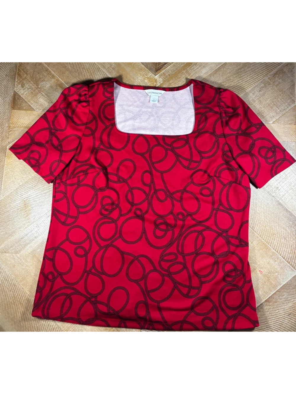 Liz Claiborne Red Black Abstract Print Square Neck Top L Stretch (166)